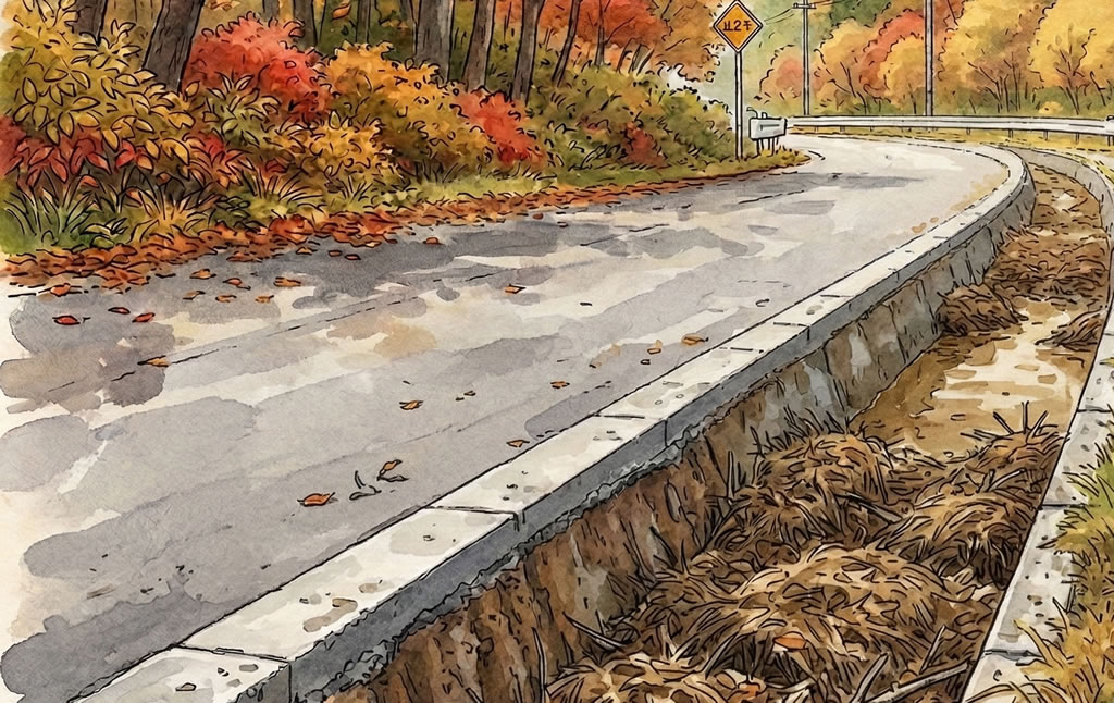 枯草が溜まって流れが悪くなった側溝